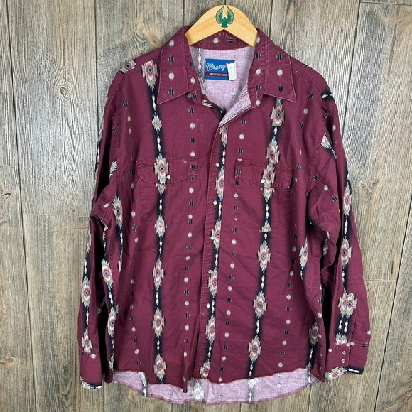 Wrangler Western Shirt Aztec Print Long Sleeve Button Up Maroon Mens XL - Picture 1 of 5
